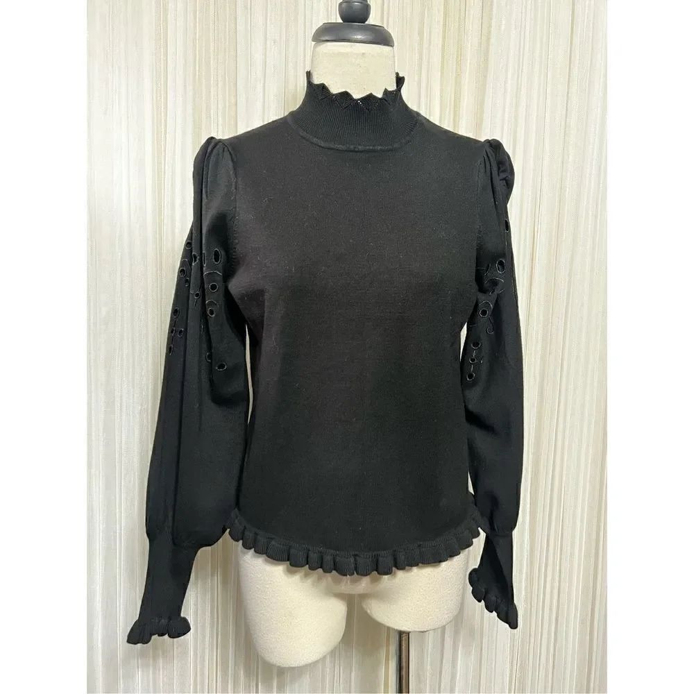 Joseph A. Black Long Sleeve Turtleneck  Sweater Juliette Perforated Sleeves Medi